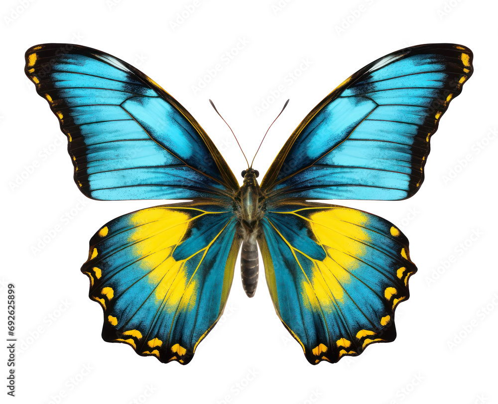 Blue and yellow butterfly macro isolated. Vibrant insect with detailed wings