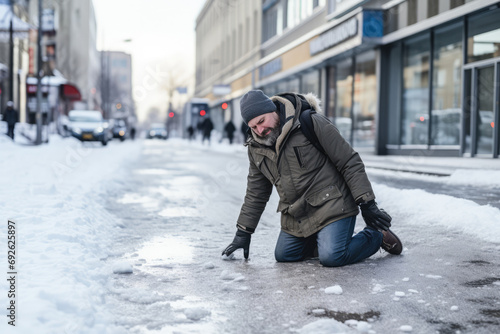 A Man Fell On The Ice. City The Hazard Of Slipping On An Icy Sidewalk photo