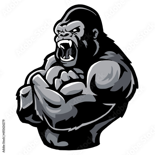 angry muscular torso gorilla with crossed arms, vector, logo, cartoon, mascot, character, illustration