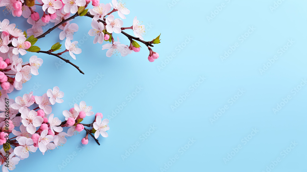 Pink cherry blossom in spring on blue background Pink cherry blossom in spring on blue background