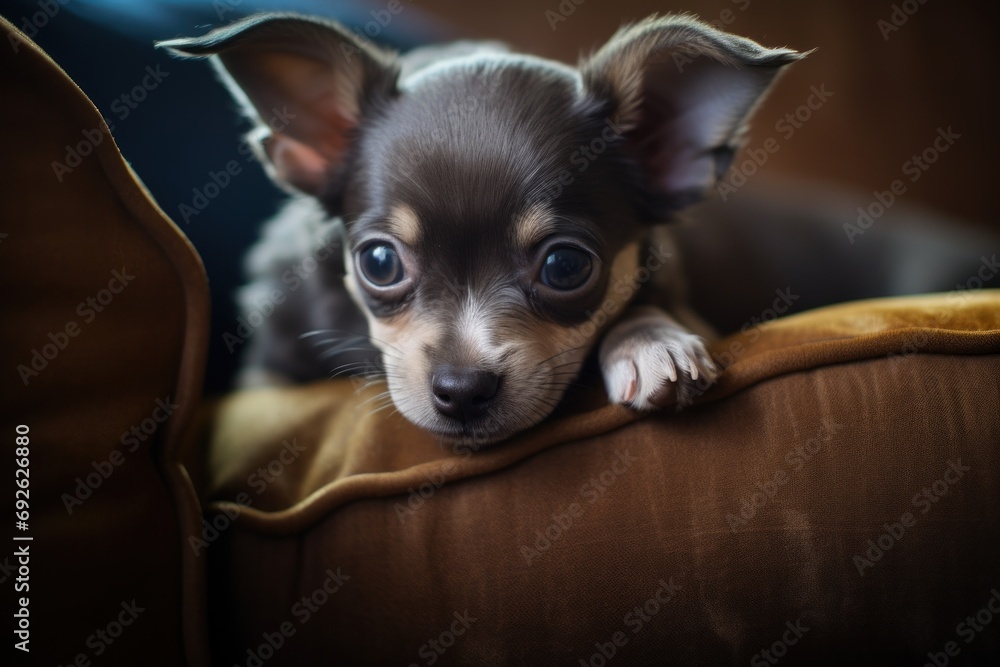 Cute chihuahua dog laying on living room's sofa and looking at camera. Cute chihuahua dog laying on living room's sofa and looking at camera.