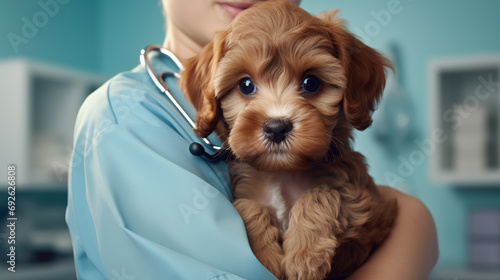 A cute dog is being held by a veterinarian in an animal hospital veterinary. A close-up realistic picture of a pet.