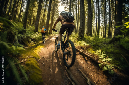 back view of a person riding a bike in the forest 