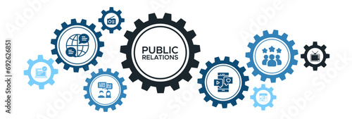 Public relations banner web icon vector illustration concept with icon and symbol of communication internet journal events radio social media and customer.