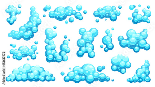 Cartoon soap foam. Soapy bubbles, wet lather and shampoo ball, shower steam effect. Bubbles and foam. Vector isolated set