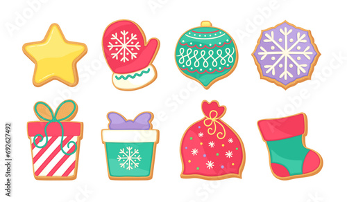 Cute gingerbread cookies set Christmas vector graphics collection. Holiday sugar cookie icons isolated on white background. Cartoon vector illustration. Gingerbread gift box, Christmas ornament, star.