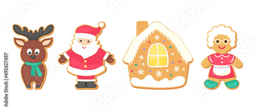Cute gingerbread cookies set Christmas vector graphics collection. Holiday sugar cookies isolated on white background. Cartoon vector illustration. Gingerbread Santa, Mrs. Claus, sugar house, deer.