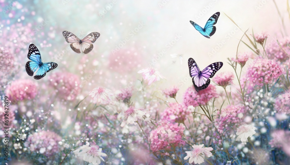 Fototapeta premium Butterfly in Sea of Flowers, Spring Wallpaper or Background - Space for Copy