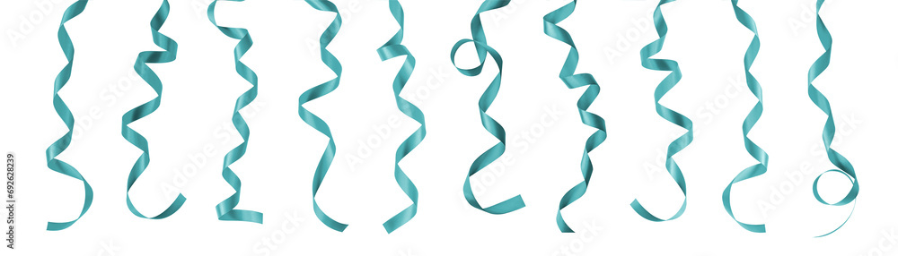 Teal green blue satin ribbon confetti bow scroll hanging set isolated on white background with clipping path for holiday and wedding card design decoration Teal green blue satin ribbon confetti bow scroll hanging set isolated on white background with clipping path for holiday and wedding card design decoration