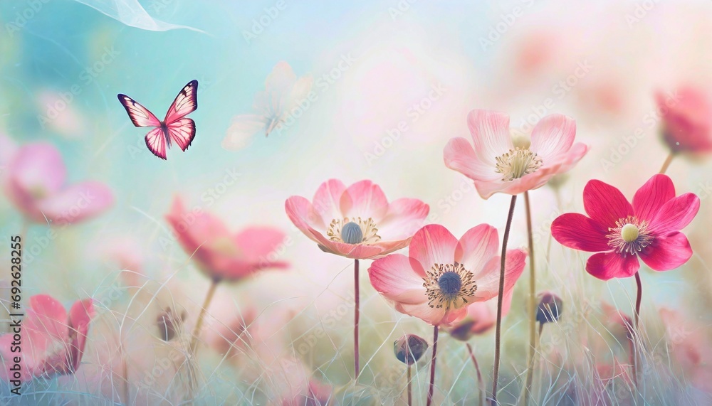 Butterfly in Sea of Flowers, Spring Wallpaper or Background - Space for Copy Butterfly in Sea of Flowers, Spring Wallpaper or Background - Space for Copy