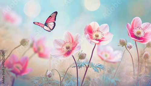 Butterfly in Sea of Flowers, Spring Wallpaper or Background - Space for Copy