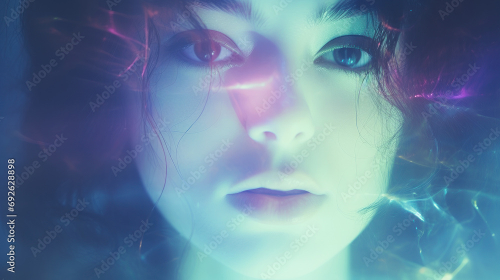 close up face portrait of a woman with light shining projections on the head, fashion glamour photo close up face portrait of a woman with light shining projections on the head, fashion glamour photo