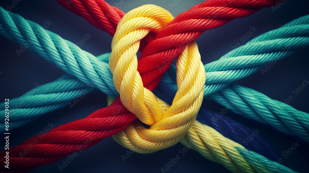 colorful knot on rope on blue background. top view - obrazy, fototapety, plakaty 
