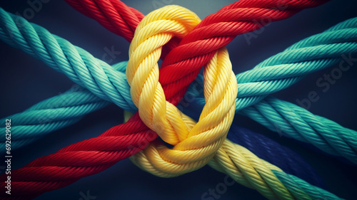 colorful knot on rope on blue background. top view photo