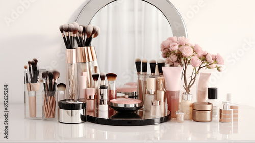 cosmetics with decorative cosmetics and makeup brushes on white table