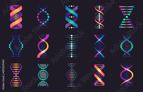 Dna spirals collection. Biotechnology and genetic research models. DNA helix and chromosome structure. Pharmaceutical model of molecule vector set