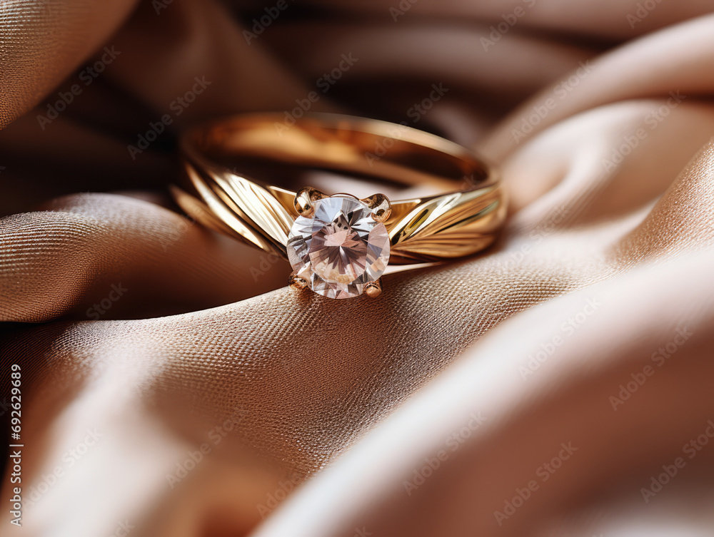 Gold diamond ring on a bronze satin background, symbolizing opulence and timeless love. Gold diamond ring on a bronze satin background, symbolizing opulence and timeless love.