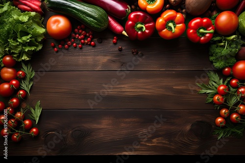 Świeże warzywa leżące na ciemnym drewnianym stole z dużą ilością pustego miejsca. 
