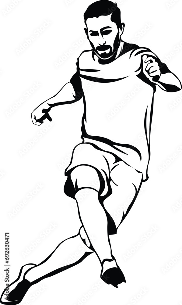 Fototapeta premium Cartoon Black and White Isolated Illustration Vector Of A Football Soccer Playing Kicking the Ball