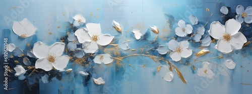 Obraz olejny przedstawiający gałąź z pięknymi białymi kwiatami na niebieskim tle.  © Bear Boy 