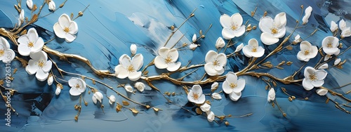 Obraz olejny przedstawiający gałąź z pięknymi białymi kwiatami na niebieskim tle.  photo