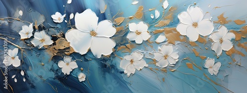 Obraz olejny przedstawiający gałąź z pięknymi białymi kwiatami na niebieskim tle. 