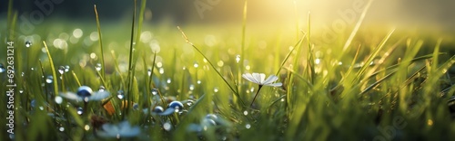 Dew drops on grass, shallow depth of field Wet spring green grass background with dew lawn natural