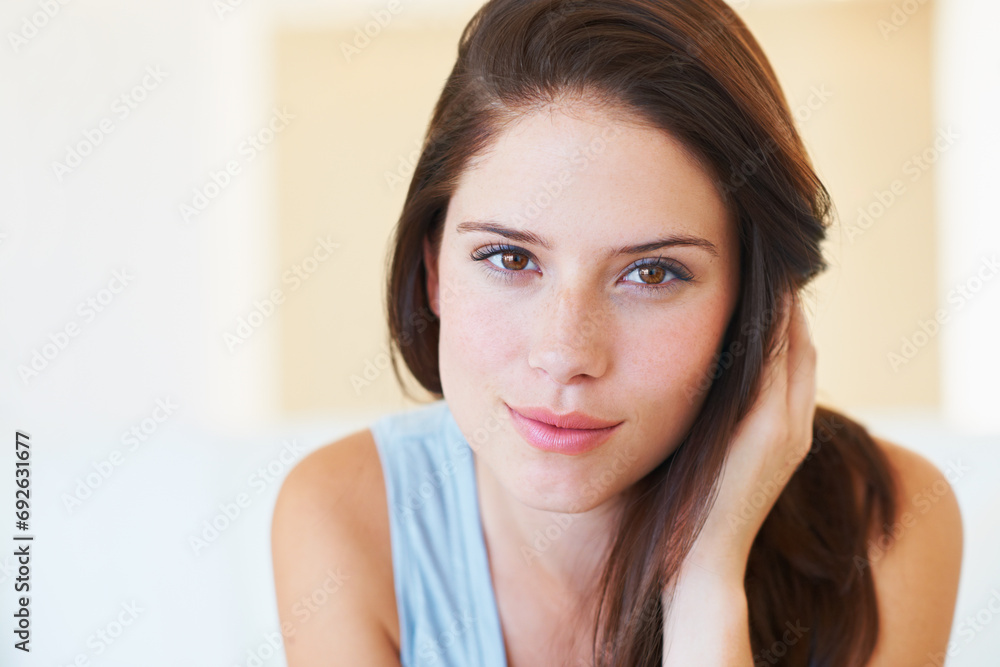 Portrait, relax and natural with a young woman in the bedroom of her home for a break in the morning. Face, beauty and leisure with a happy person alone in her apartment for weekend time off Portrait, relax and natural with a young woman in the bedroom of her home for a break in the morning. Face, beauty and leisure with a happy person alone in her apartment for weekend time off