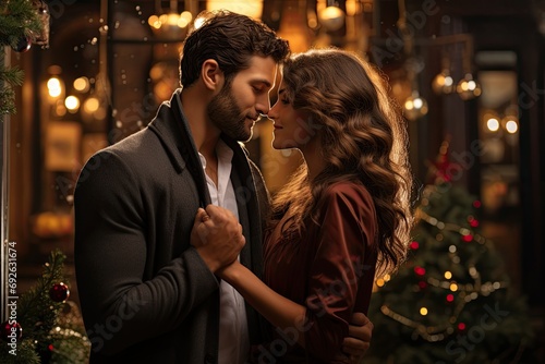 Classic scene of a couple sharing a kiss under mistletoe, blending the magic of Christmas with the romance of Valentine's Day