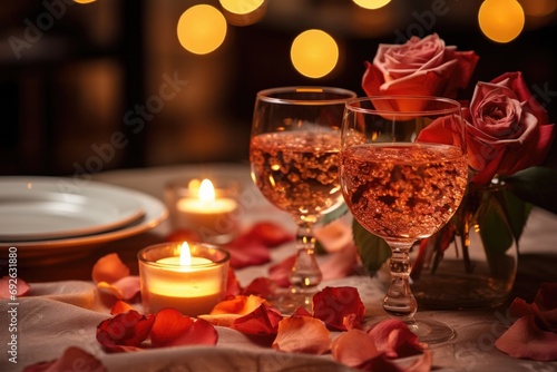 Close-up of a romantic dinner table setting with candles and rose petals, creating an intimate atmosphere for Valentine's celebrations