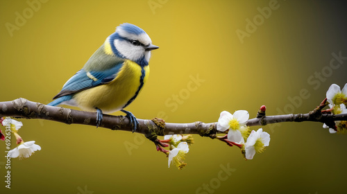 blue tit sitting on a branch with fresh flowers in spring  photo