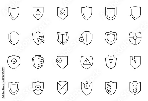 Shield line icons. Medieval heraldic insignia, empty security protection blank icons, privacy guarantee blank badges. Vector isolated collection