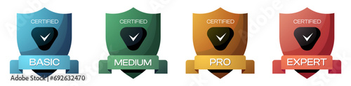 Certified shield badge. Accredited seal diploma for security protection, best achievement award for hacking course. Vector certificate set