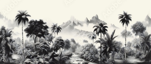 trees on the beach. Sketch landscape with palm tree. Vacation on tropical beach. black and white photo