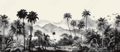 trees on the beach. Sketch landscape with palm tree. Vacation on tropical beach. black and white photo