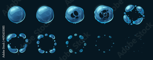 Soap bubble animation. Cartoon bubble blowing and popping, foam and water sphere effect, 2D game sprite asset. Vector water bubble sequence
