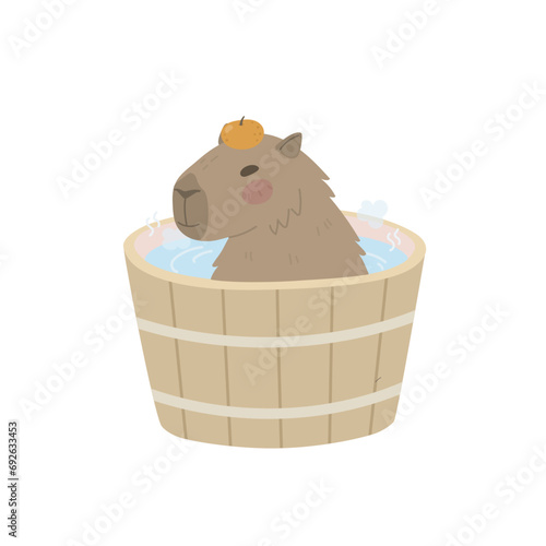 Capybara rests in the bathtub with an orange on its head. Calm animal from South America