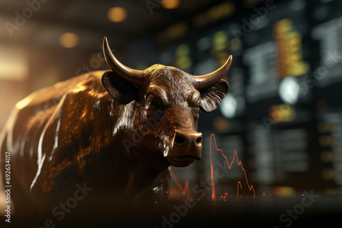 gold bull on chart background for business concept. Graph Stock Trading, crypto currency