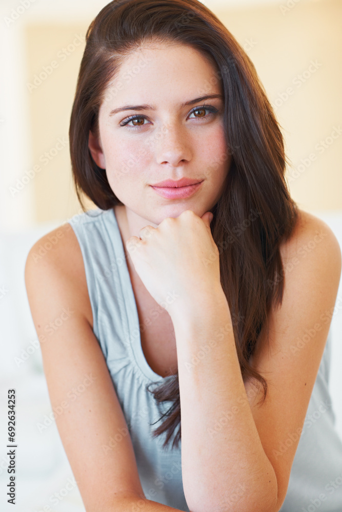 Portrait, beauty and natural with a young woman in the bedroom of her home to relax in the morning. Face, break and leisure with a happy young person alone in her apartment for weekend time off Portrait, beauty and natural with a young woman in the bedroom of her home to relax in the morning. Face, break and leisure with a happy young person alone in her apartment for weekend time off