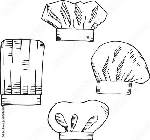 Chef hat sketch hand drawn vector illustration. Line art doodle with different types of chefs hats for design, logo, label, card, print, icon, paper. Symbol for cooking, restaurant, uniform, kitchener