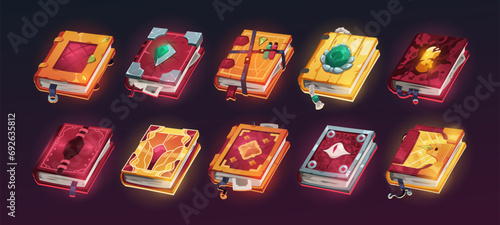 Magic spell books. Witchcraft spell book icons with alchemy symbols, old mystic sourcer diary for game GUI menu items design. Vector set