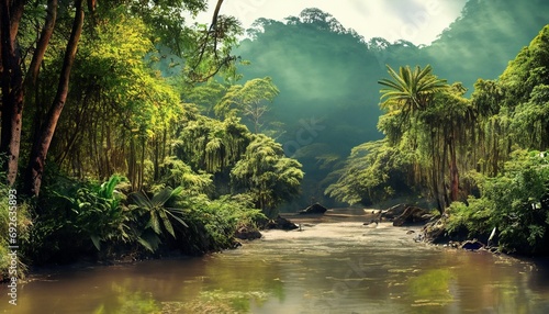 tropical jungle with river and mountains suitable as background or banner
