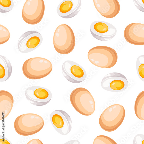 Vector seamless pattern with whole chicken eggs and egg halves on a white background. Raw and boiled eggs. Sliced egg. White and yolk
