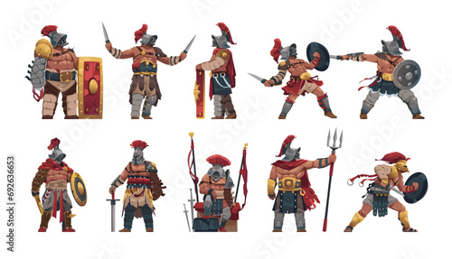 Gladiator characters. Cartoon ancient roman gladiator warrior in different fighting and standing poses, 2D game asset. Vector isolated set