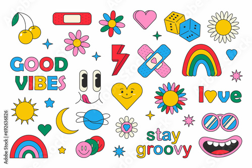 Retro 70s hippie stickers, groovy elements. Cartoon funky flowers, rainbow, vintage hippy style element set. Stock graphics. flowers, rainbow, heart, emotions