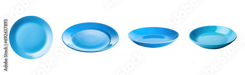 Plate set - blue plate collection - empty clean plate - various perspectives and angles - isolated transparent PNG background - blue dish