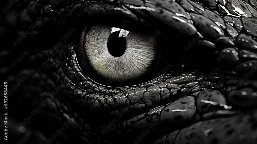 a black & white close shot, eye of an alligator