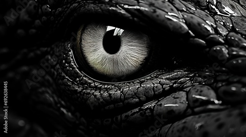 a black   white close shot  eye of an alligator
