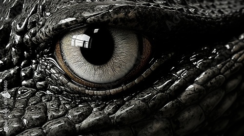 a black & white close shot, eye of an alligator © DZMITRY