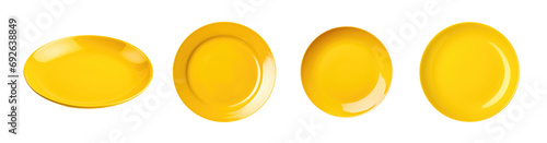 Plate set - yellow plate collection - empty clean plate - various perspectives and angles - isolated transparent PNG background - yellow dish